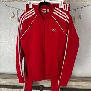 Classic striped Adidas Bold Red Jacket and pants with White Accents